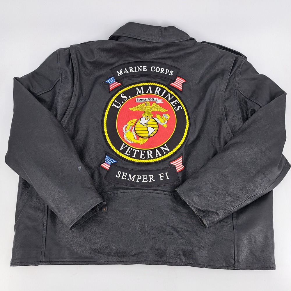 US Marines Dream Apparel Mens Size 62 Black Leather Motorcycle Jacket USMC